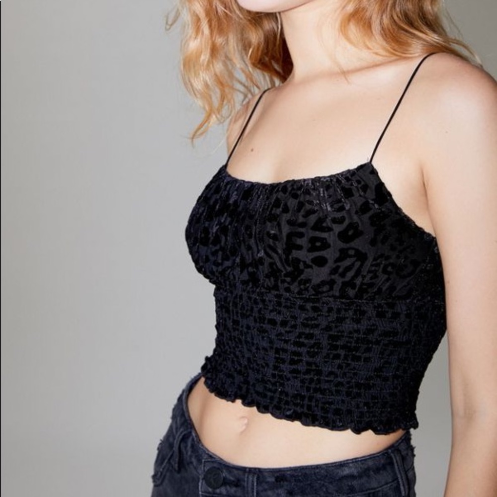 UO Emma Velvet Smocked Cami Black Leopard